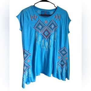Johnny Was JW Los Angeles Embroidered Swing Top Small Blue Boho Festival Flowy